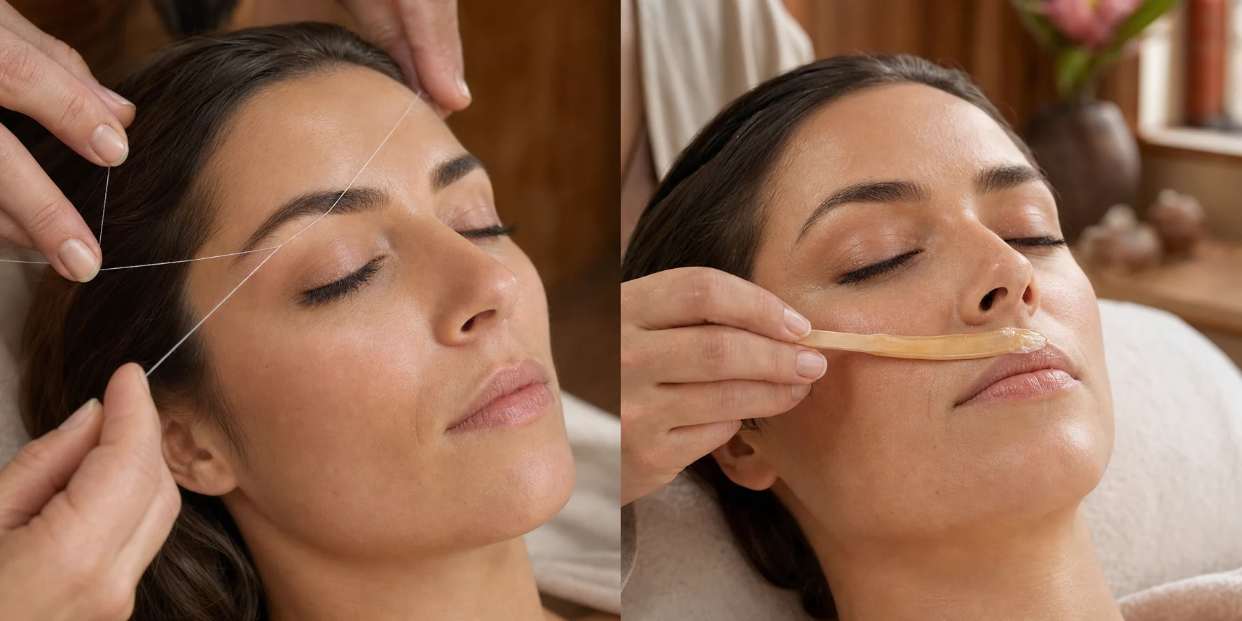Editorial view of the Eyebrow Threading + Upper Lip Wax service at Priya's Spa