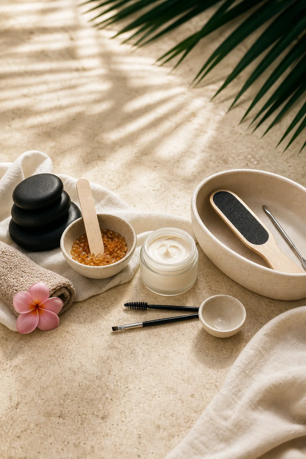 Massage stones, pedicure tools, brow brushes, facial cream and hard wax arranged together