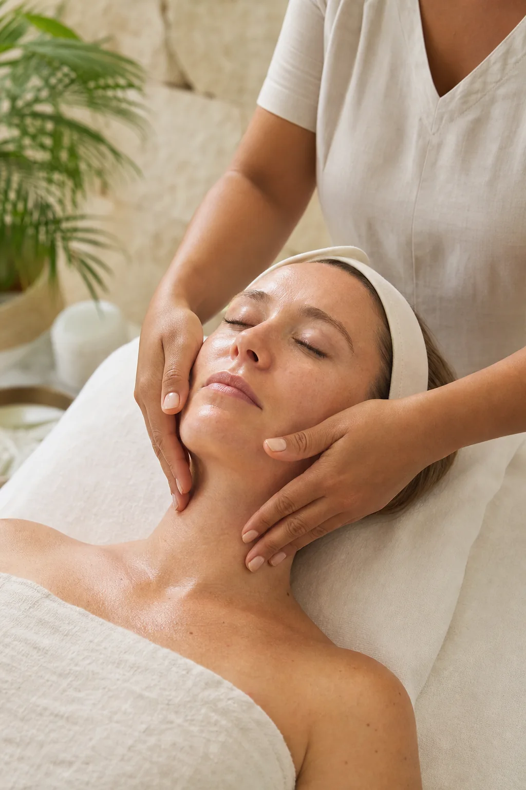 A fair-skinned guest receiving a gentle facial massage from a therapist