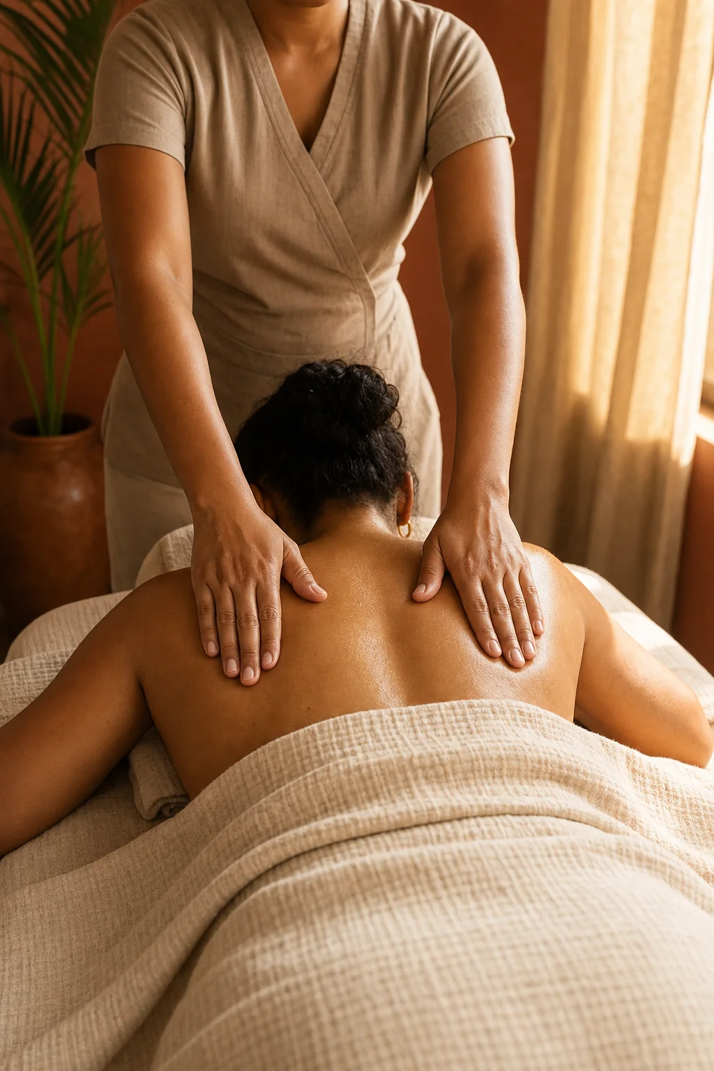 An Indo-Caribbean guest receiving a two-handed upper-back massage in warm window light
