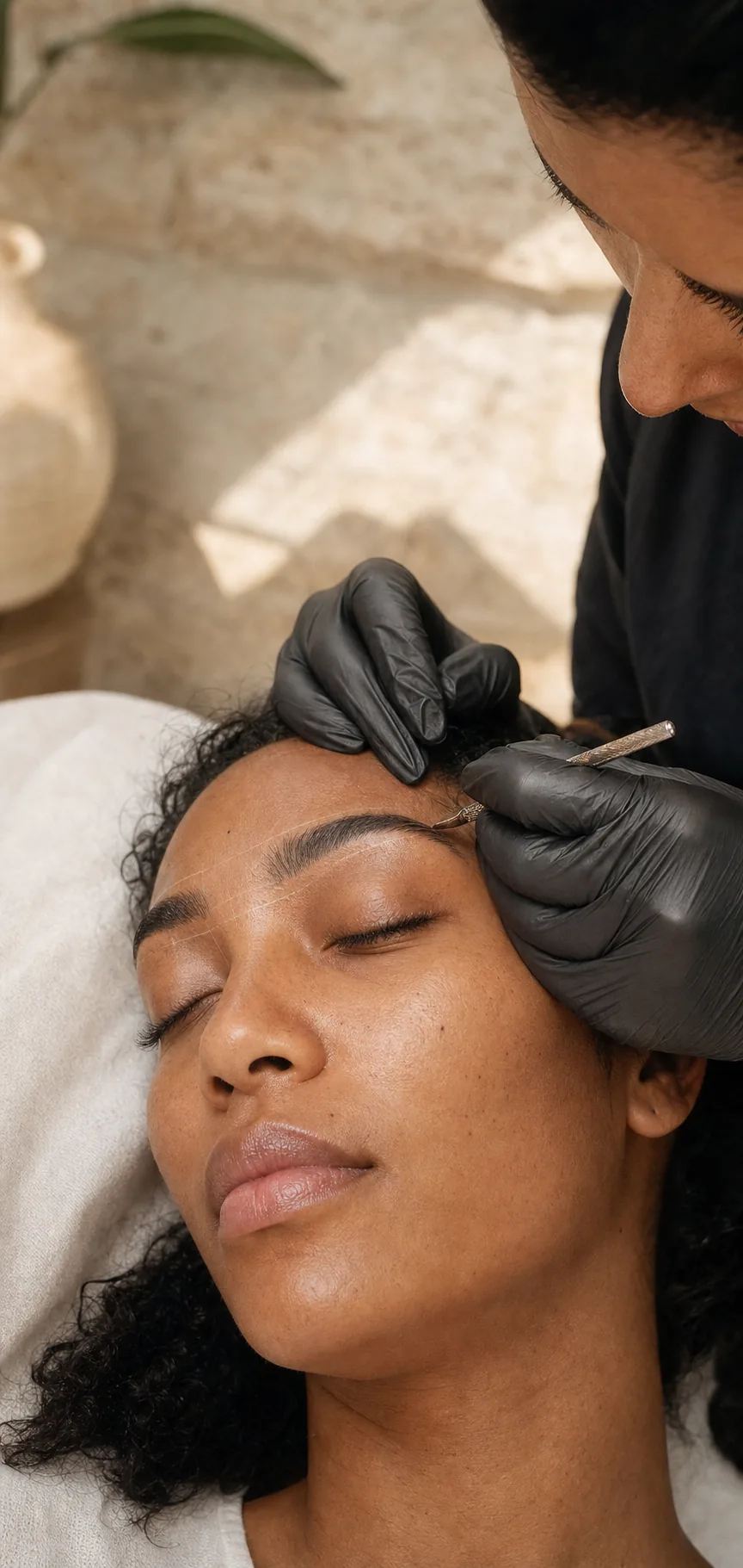 A close editorial view of manual microblading tools at the brow
