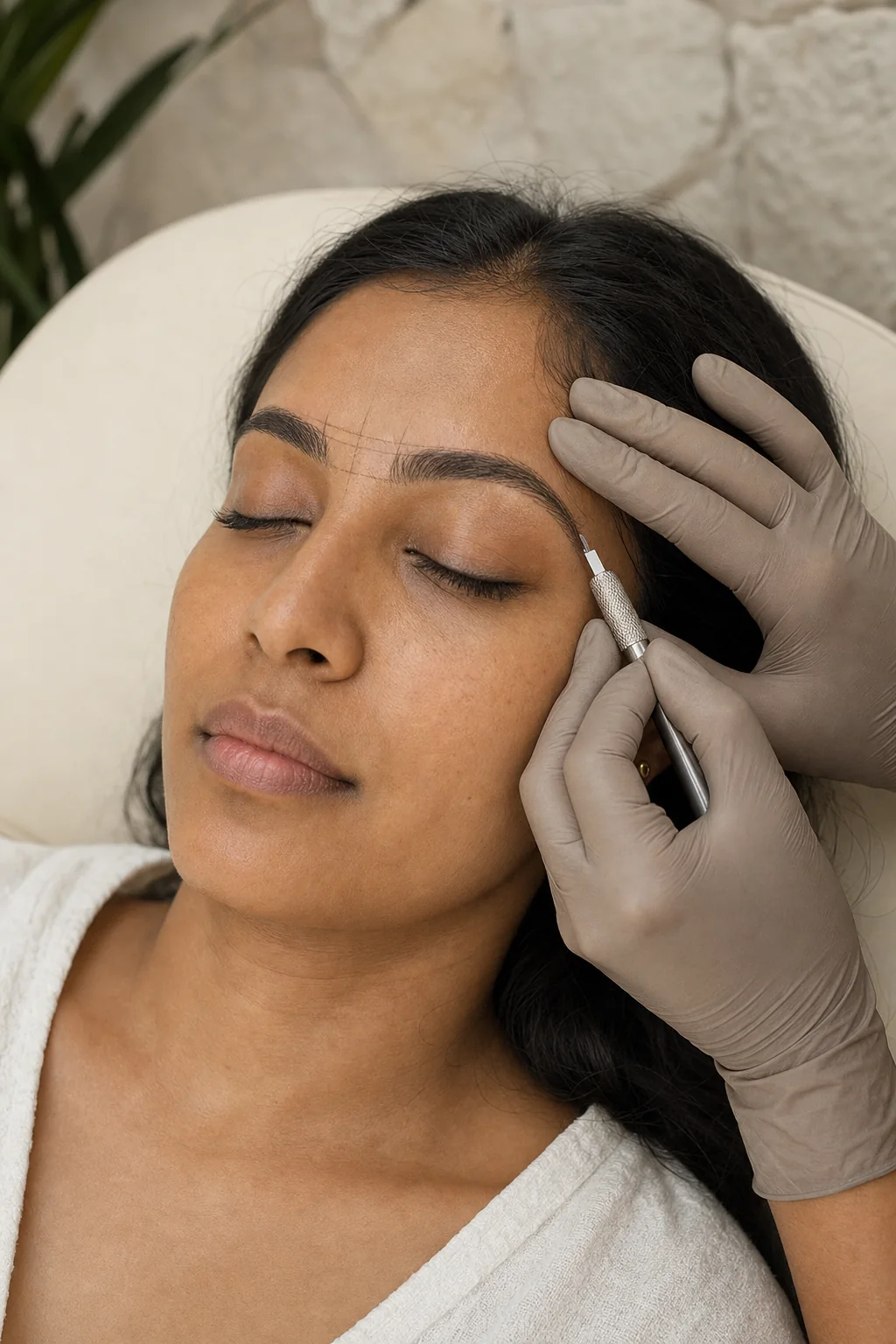 An Indo-Caribbean guest receiving precise manual microblading along a mapped brow