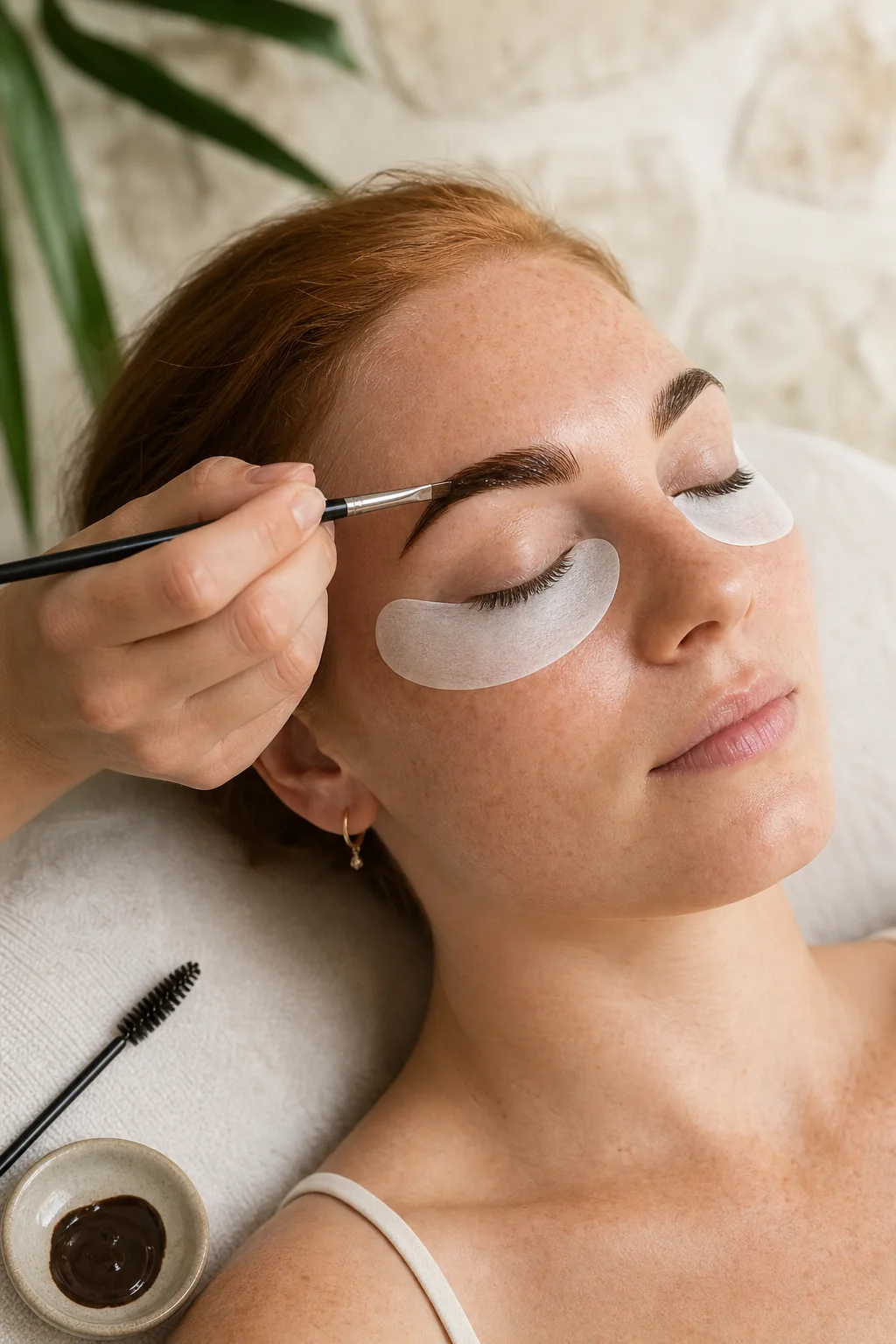 A freckled guest receiving a careful brow tint with protective eye pads