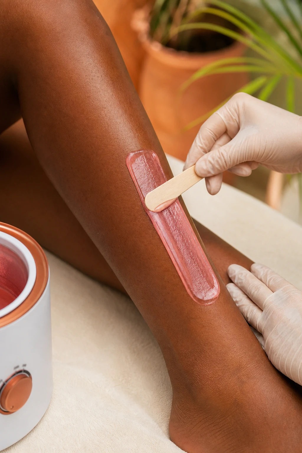 Gloved hands applying rose hard wax to a client's lower leg
